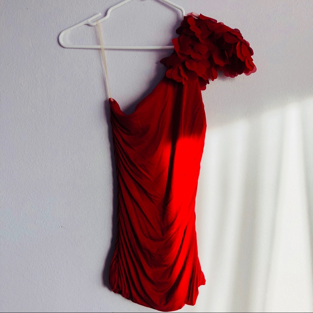 Ruched red one shoulder mini dress